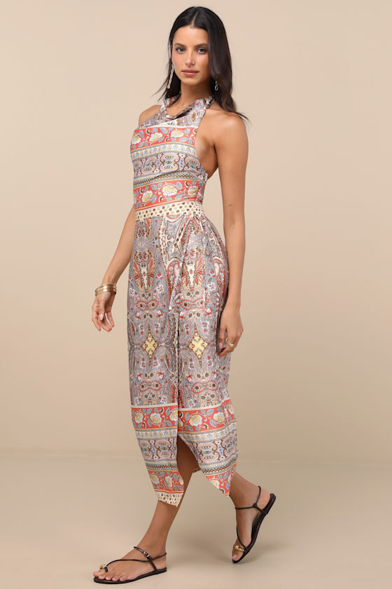Radina Orange Paisley Print Satin Halter Midi Wrap Dress 4