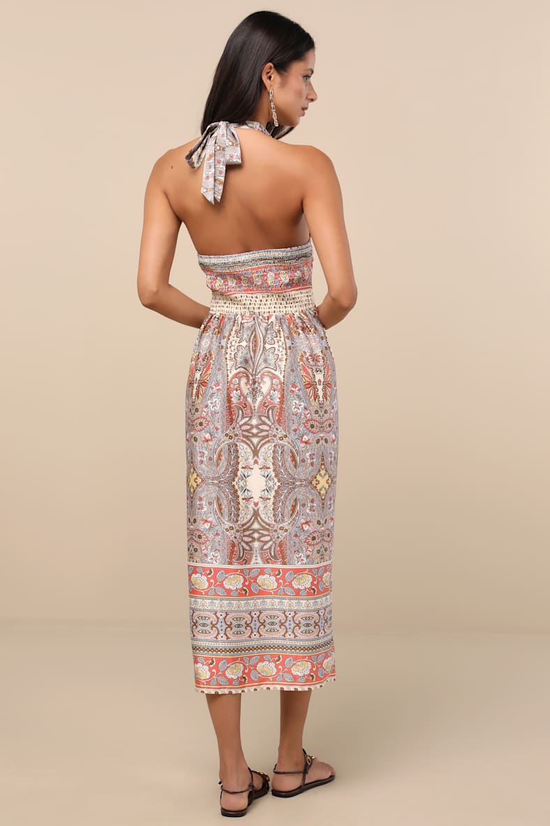 Radina Orange Paisley Print Satin Halter Midi Wrap Dress