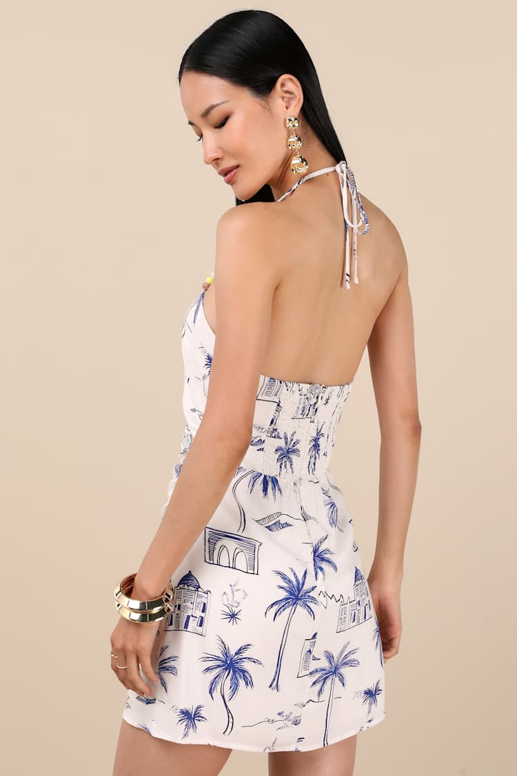 Inina Ivory and Blue Print Asymmetrical Halter Mini Dress