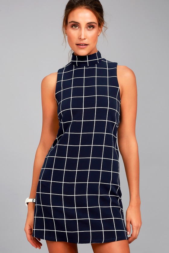 Chic By Design Navy Grid Print Dress