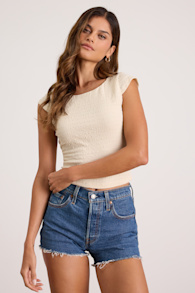 Bellia Ivory Textured Knit Cap Sleeve Backless Top 1