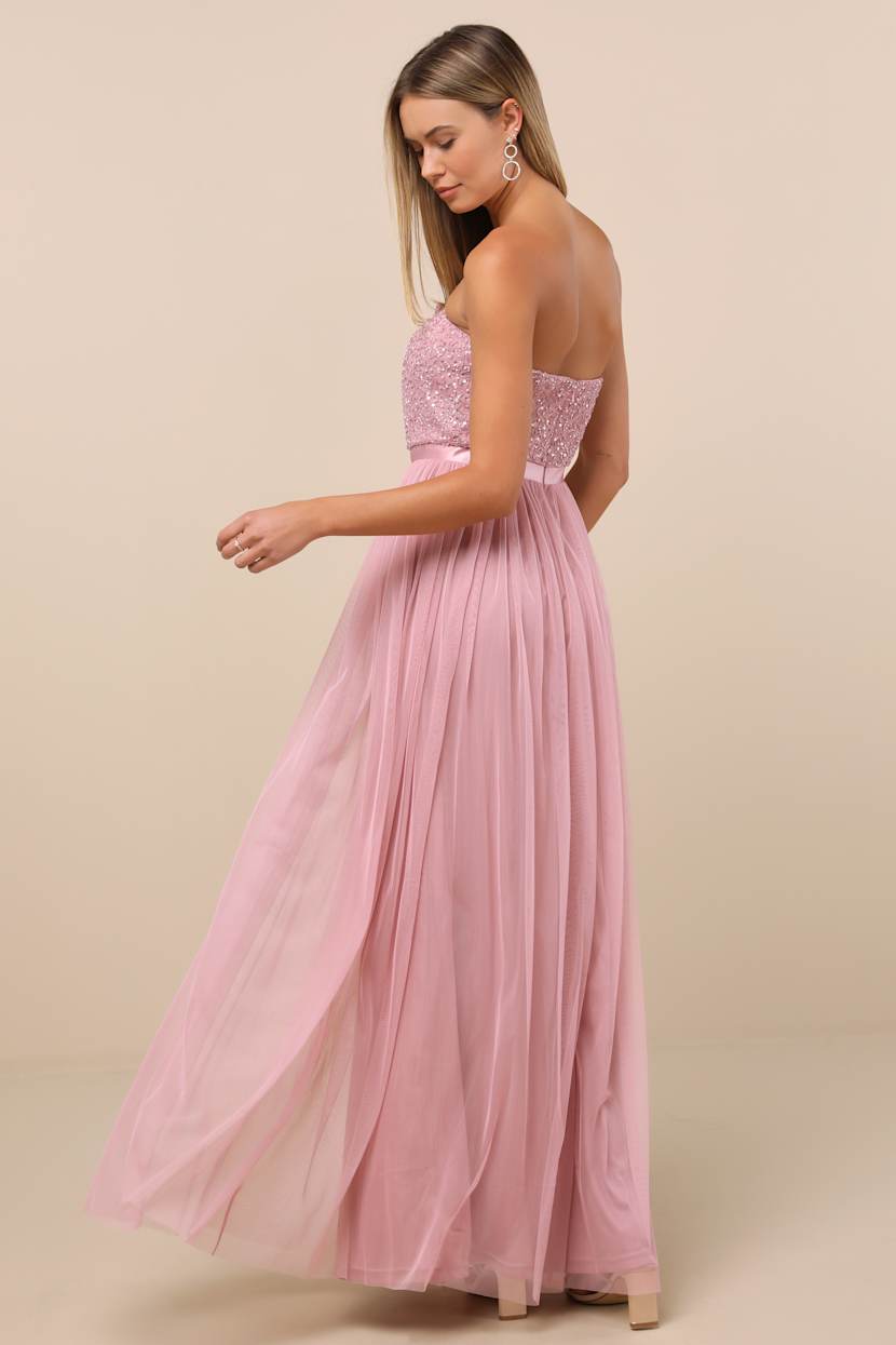 Lonica Mauve Sequin Beaded Strapless Maxi Dress
