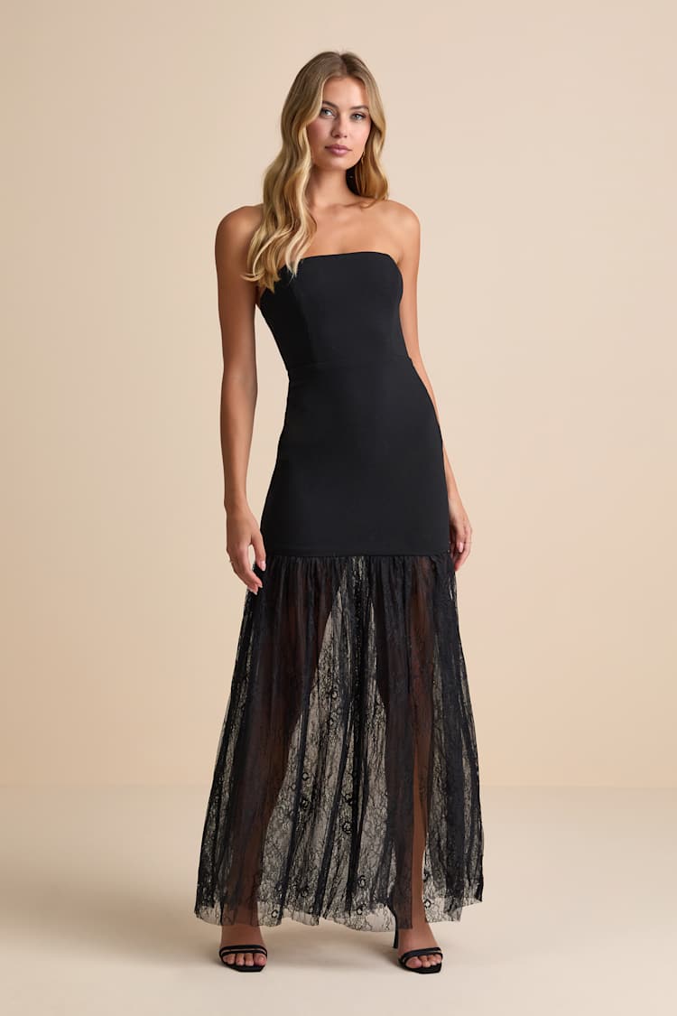 Lulus | Black Mixed Media Strapless Maxi Dress | Womens | X-Large | 100% Polyester Lulus | Black Mixed Media Strapless Maxi Dress | Womens | X-Large | 100% Polyester