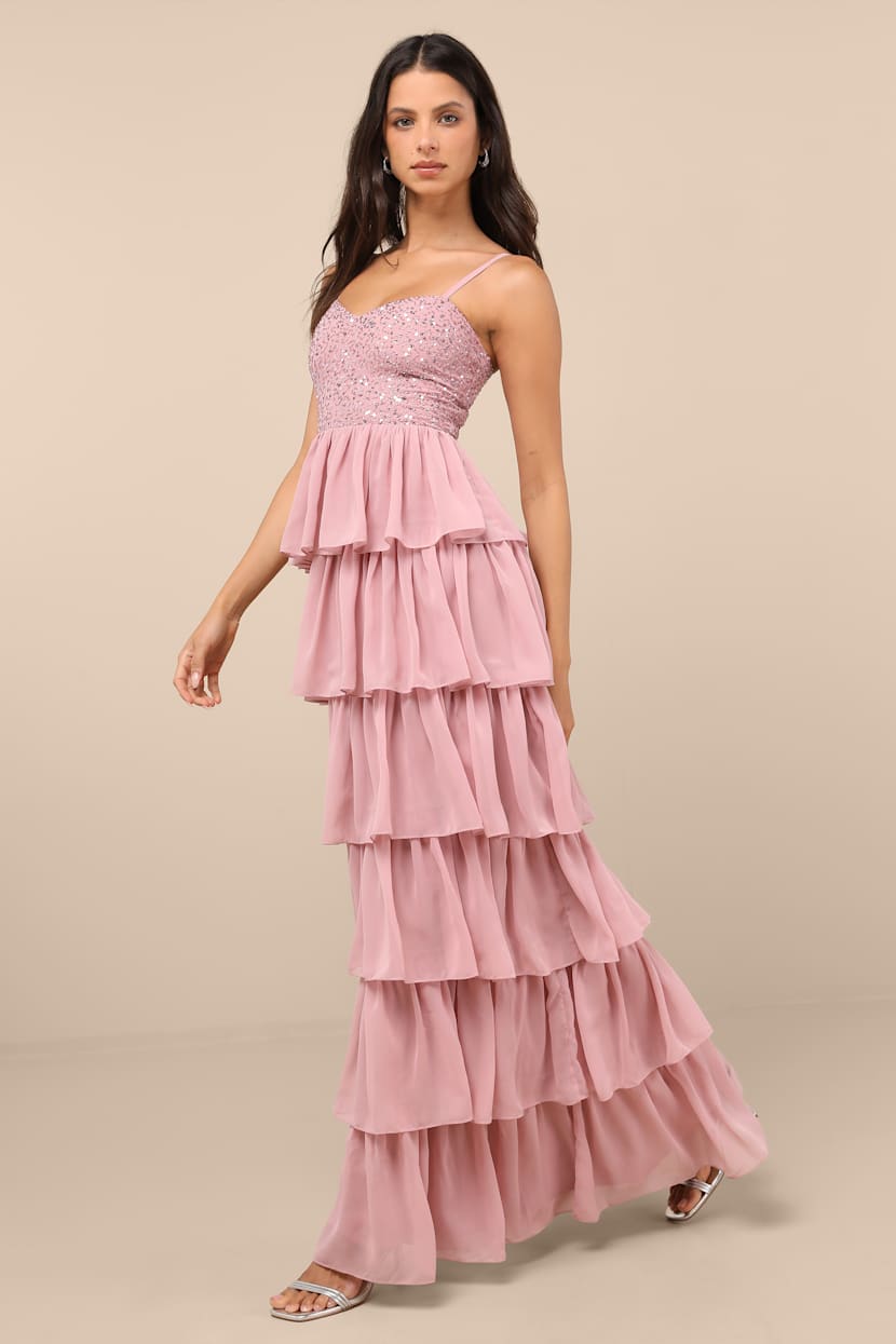 Galina Mauve Sequin Tiered Maxi Dress