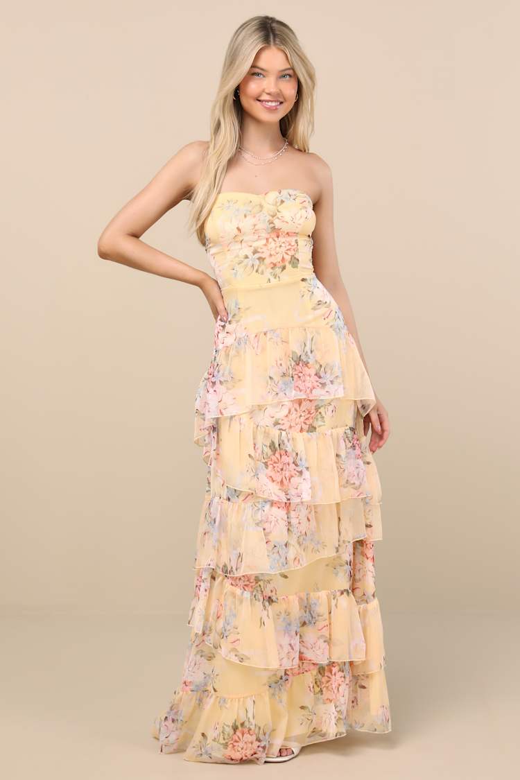Niyati Yellow Floral Strapless Tiered Maxi Dress