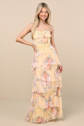 Niyati Yellow Floral Strapless Tiered Maxi Dress 2