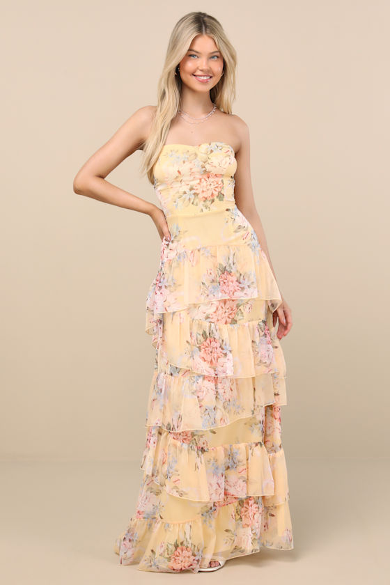 Niyati Yellow Floral Strapless Tiered Maxi Dress 2