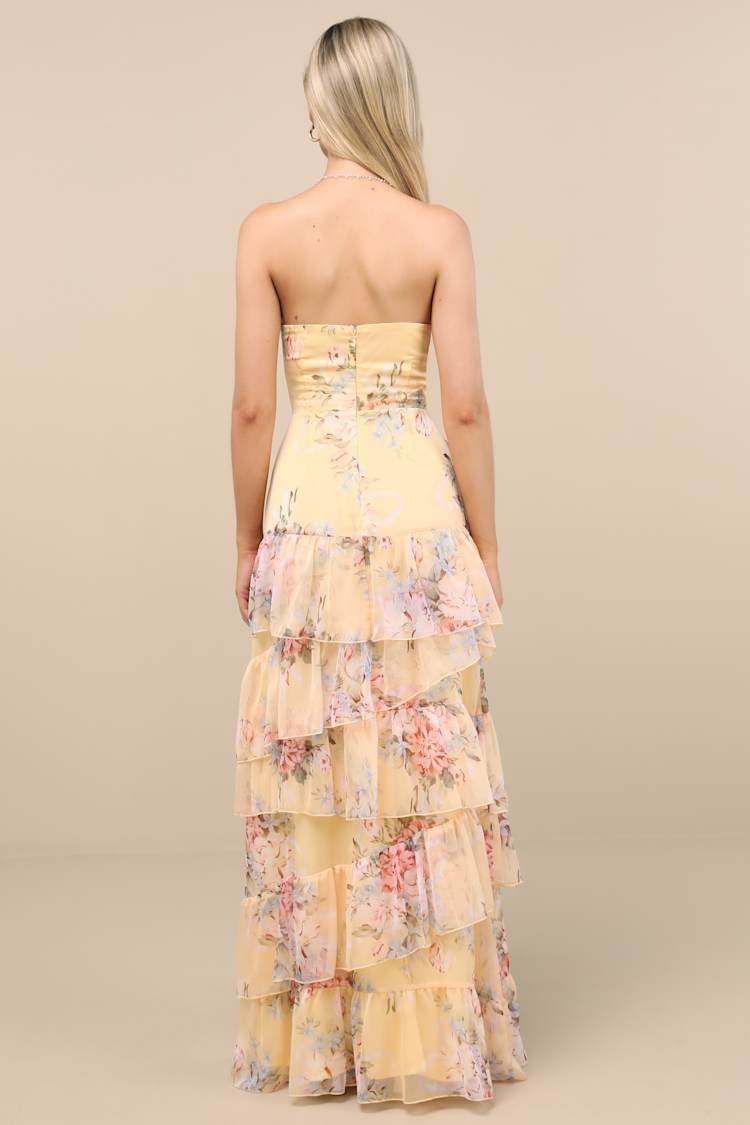 Niyati Yellow Floral Strapless Tiered Maxi Dress