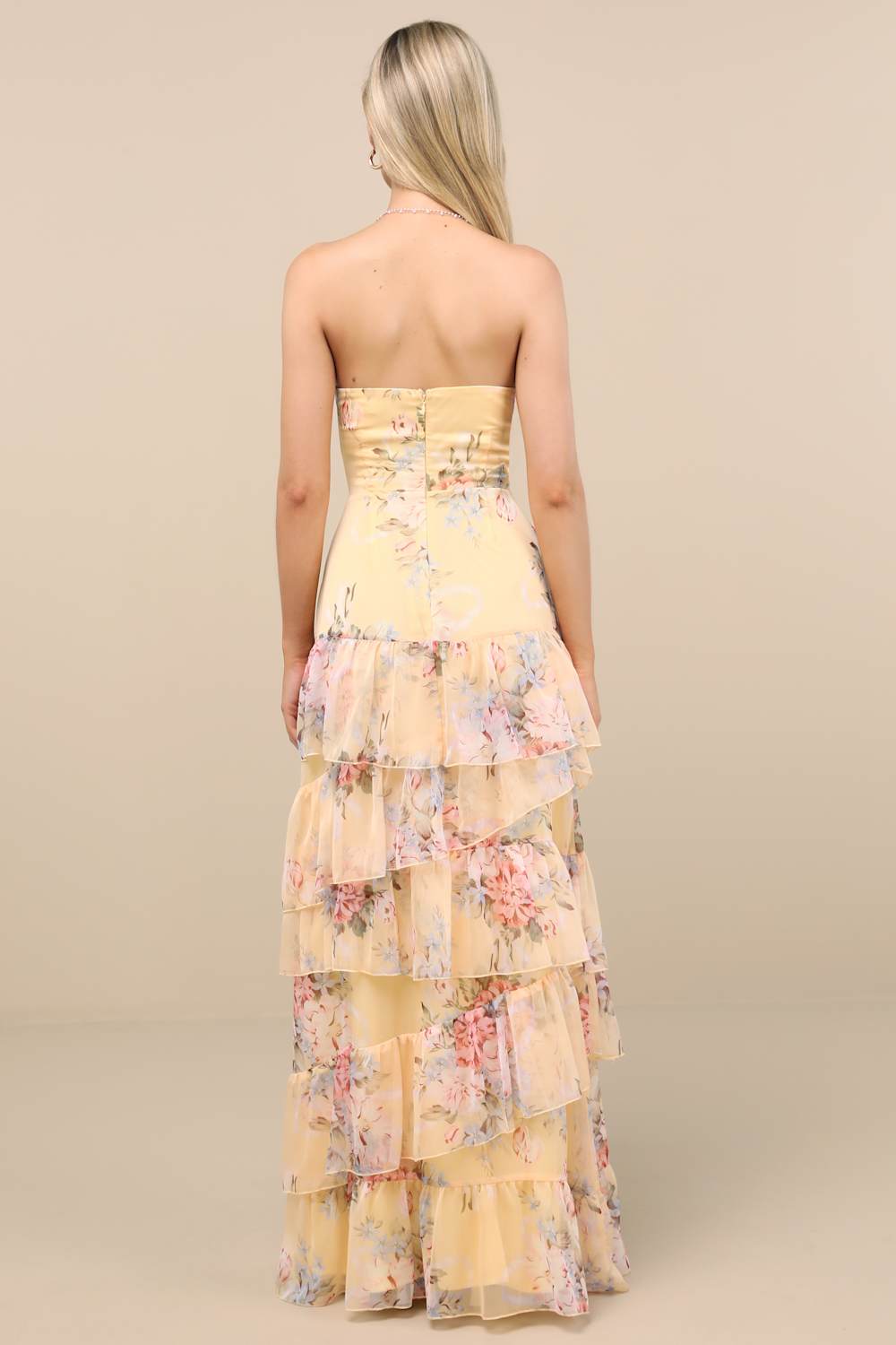 Niyati Yellow Floral Strapless Tiered Maxi Dress