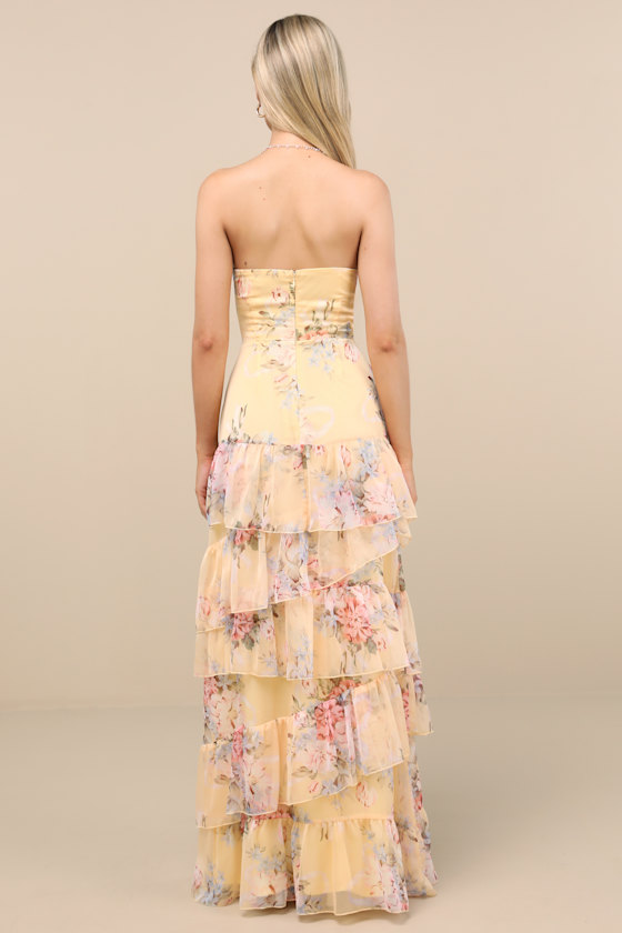 Niyati Yellow Floral Strapless Tiered Maxi Dress 4