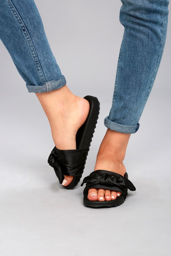 Chic Black Sandals - Slide Sandals - Bow Sandals - Lulus