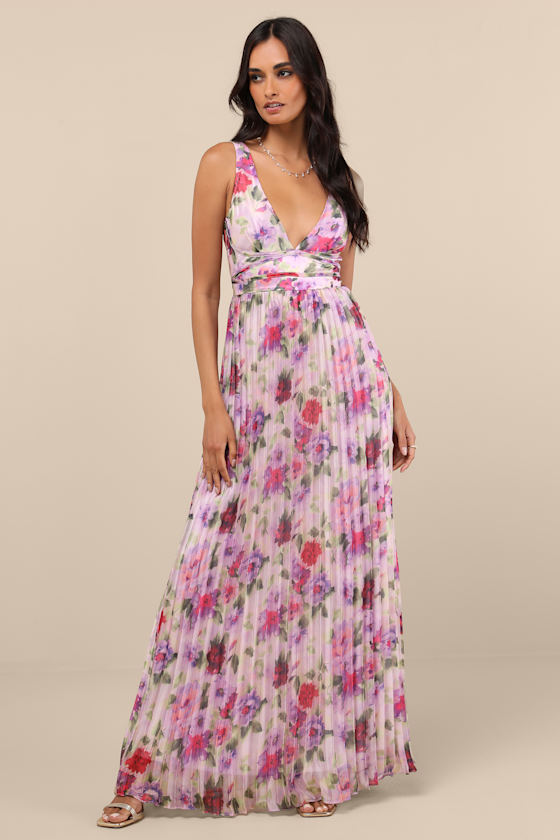 Lulus Morgana Lilac Multi Floral Satin Pleated Maxi Dress