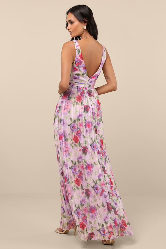 Lulus Morgana Lilac Multi Floral Satin Pleated Maxi Dress