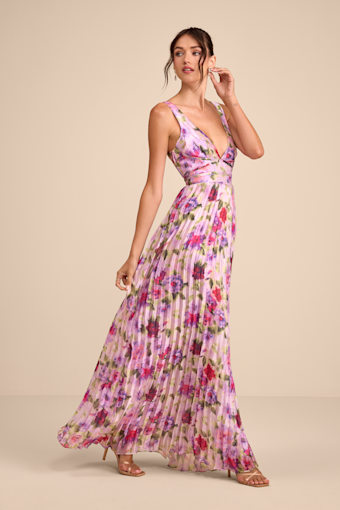 Morgana Pink Multi Floral Satin Pleated Maxi Dress 2