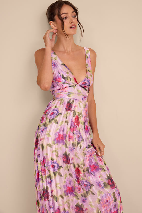 Morgana Pink Multi Floral Satin Pleated Maxi Dress 3