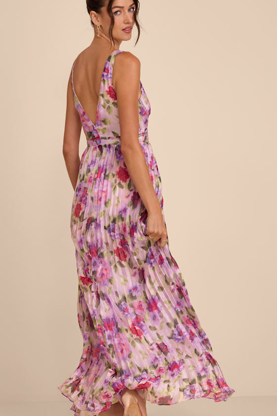 Pink Multi Floral Dress - Pleated Maxi Dress - Plunge Maxi Dress