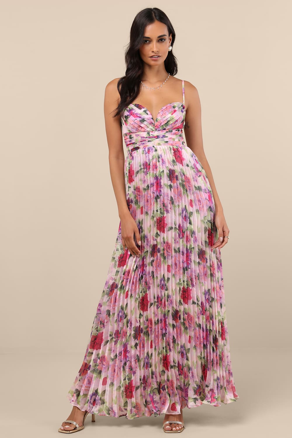 Samika Pink Multi Floral Satin Pleated Maxi Dress