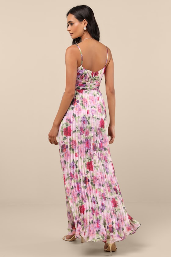 Lulus Samika Pink Multi Floral Satin Pleated Maxi Dress