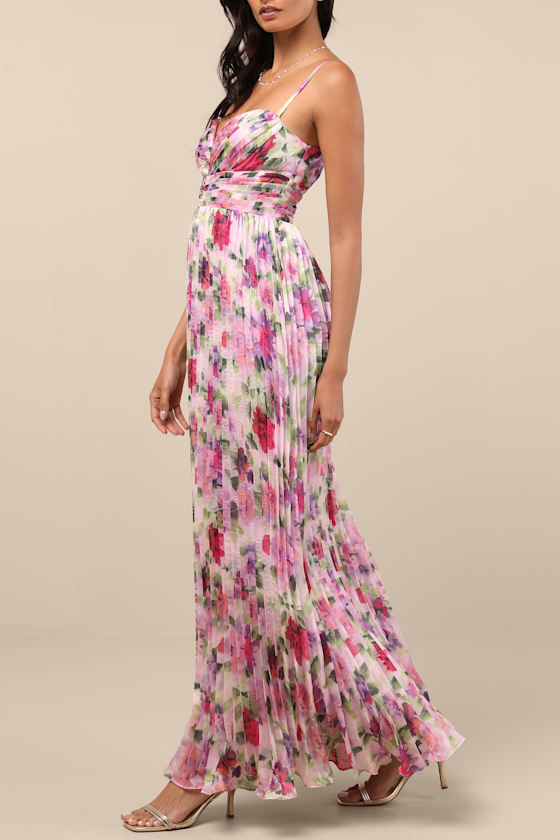 Pink Multi Floral Dress - Pleated Maxi Dress - Satin Floral Dress - Image 5