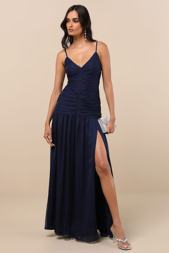 Ronna Navy Ruched Drop Waist Maxi Dress 1
