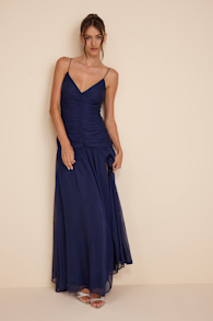 Ronna Navy Ruched Drop Waist Maxi Dress 1