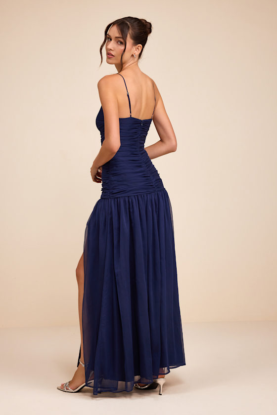 Ronna Navy Ruched Drop Waist Maxi Dress 6