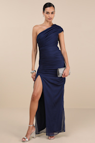 Kyleah Navy Ruched One-Shoulder Maxi Dress 2