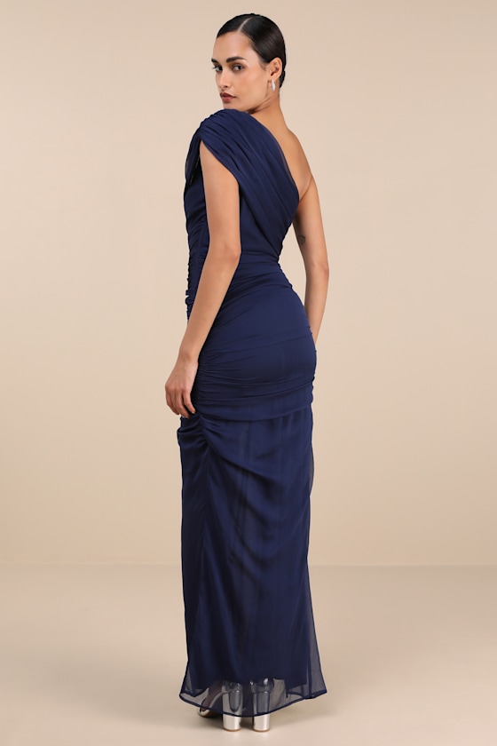Kyleah Navy Ruched One-Shoulder Maxi Dress 4
