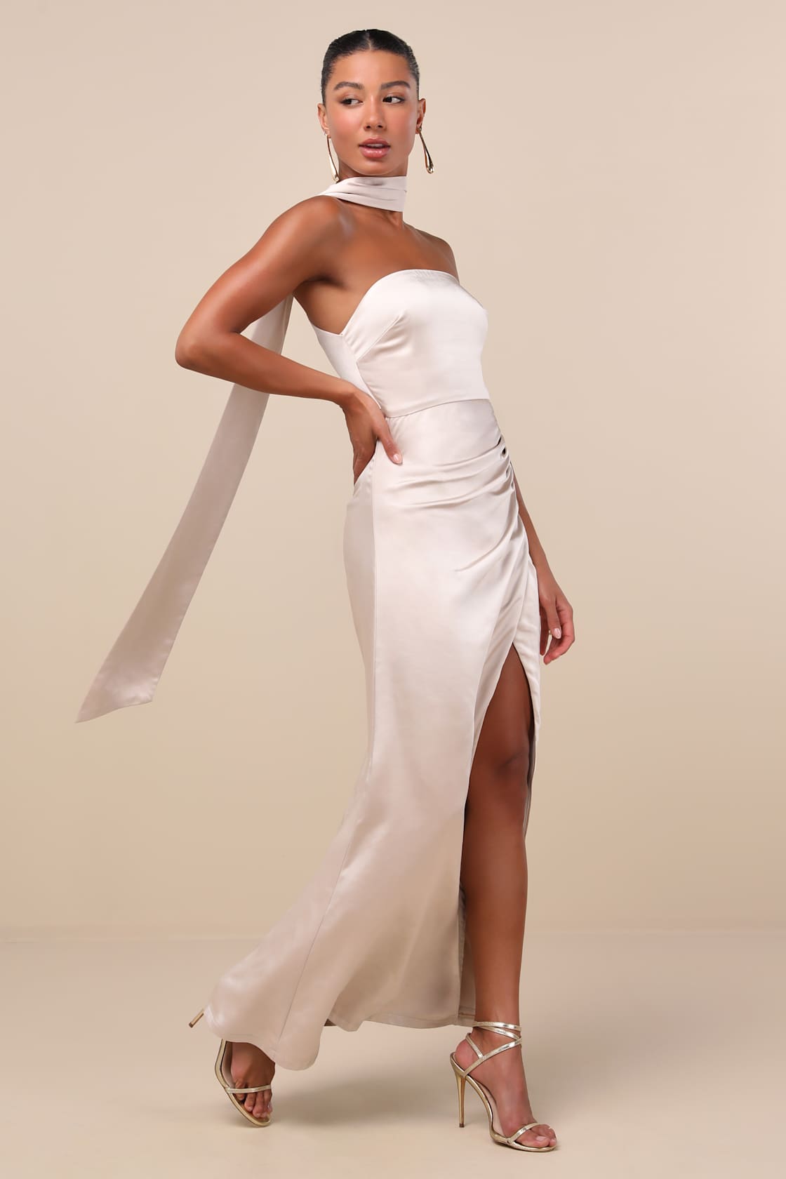 Maritza Champagne Satin Sash Tulip Maxi Dress