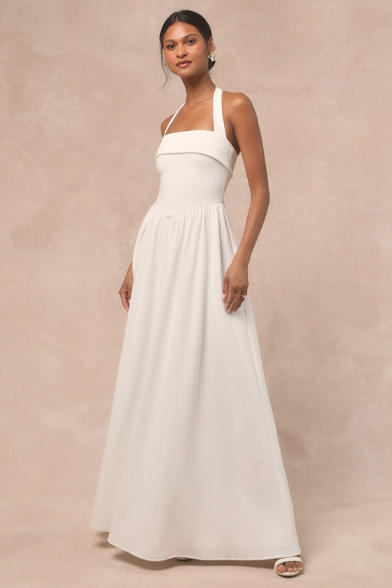 White Halter Maxi Dress - Basque Waist Dress - Halter Bridal Gown - Image 2