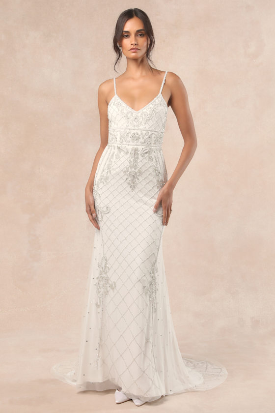 Ciella White and Silver Beaded Mermaid Maxi Dress 2