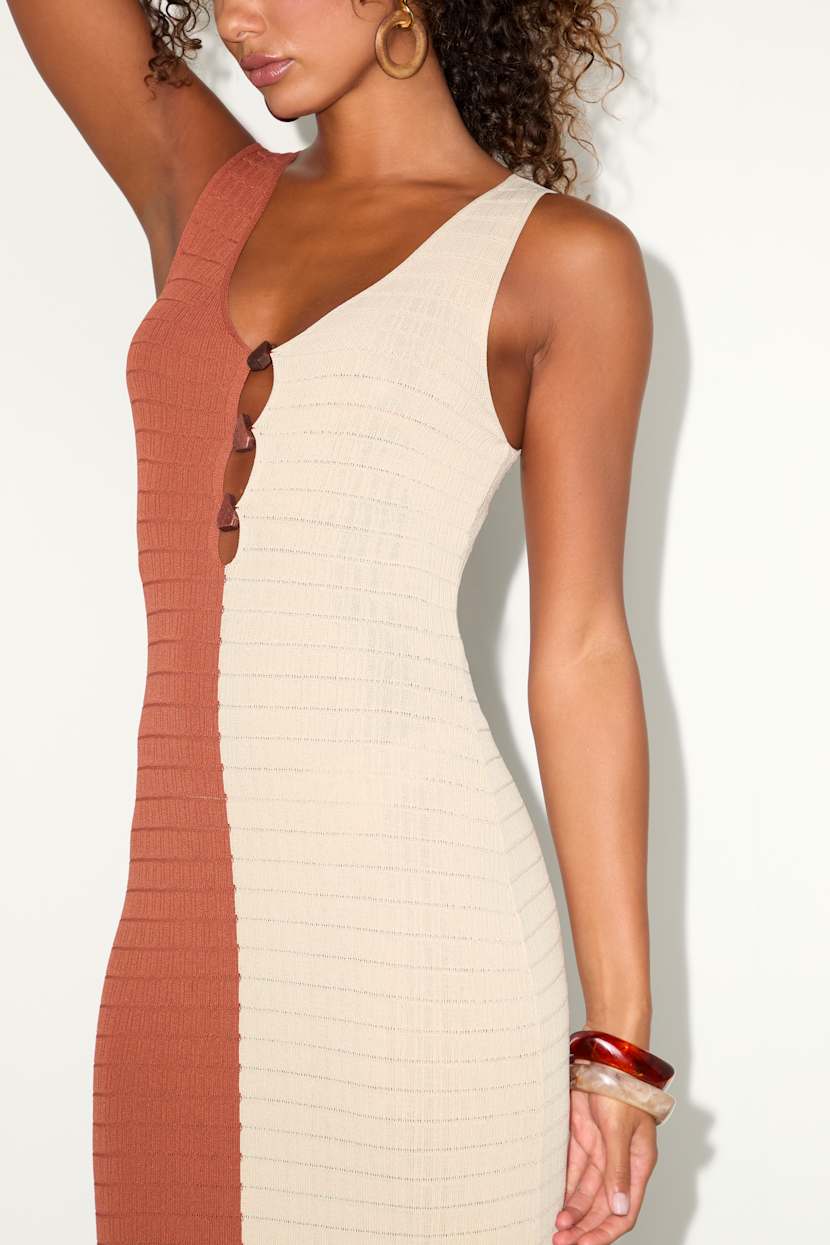 Oleta Rust and Light Beige Color Block Textured Knit Midi Dress
