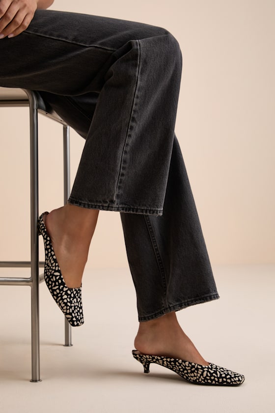 Classy Black Multi Print Calf Hair Kitten Heel Mules 1