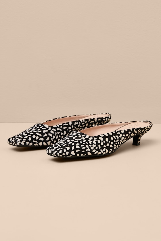 Classy Black Multi Print Calf Hair Kitten Heel Mules 1