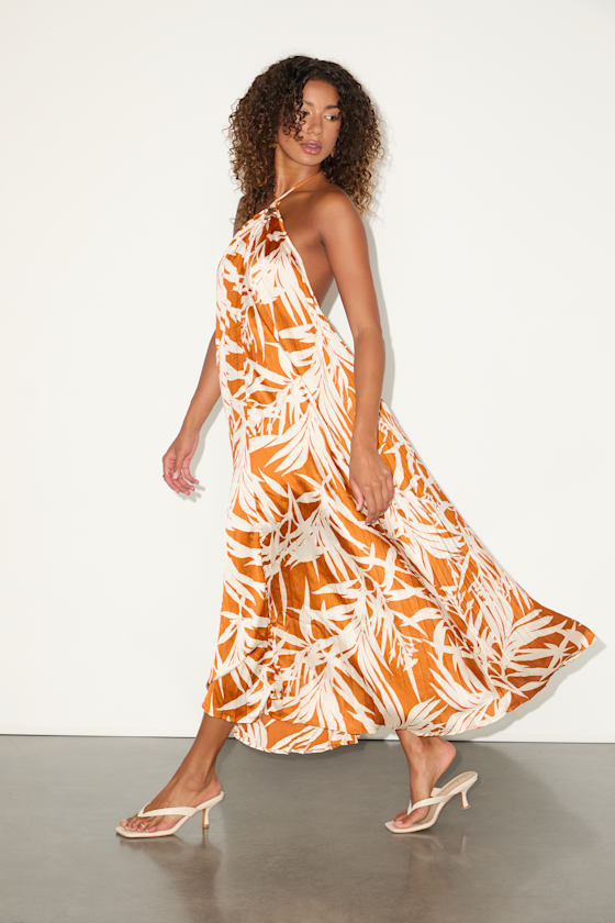 Kalena Orange Tropical Print Pleated Halter Maxi Dress 1