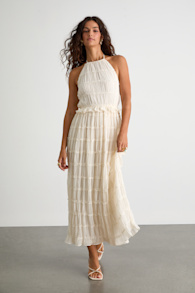 Madriana Ivory Halter Neck Ruffed Midi Dress 2