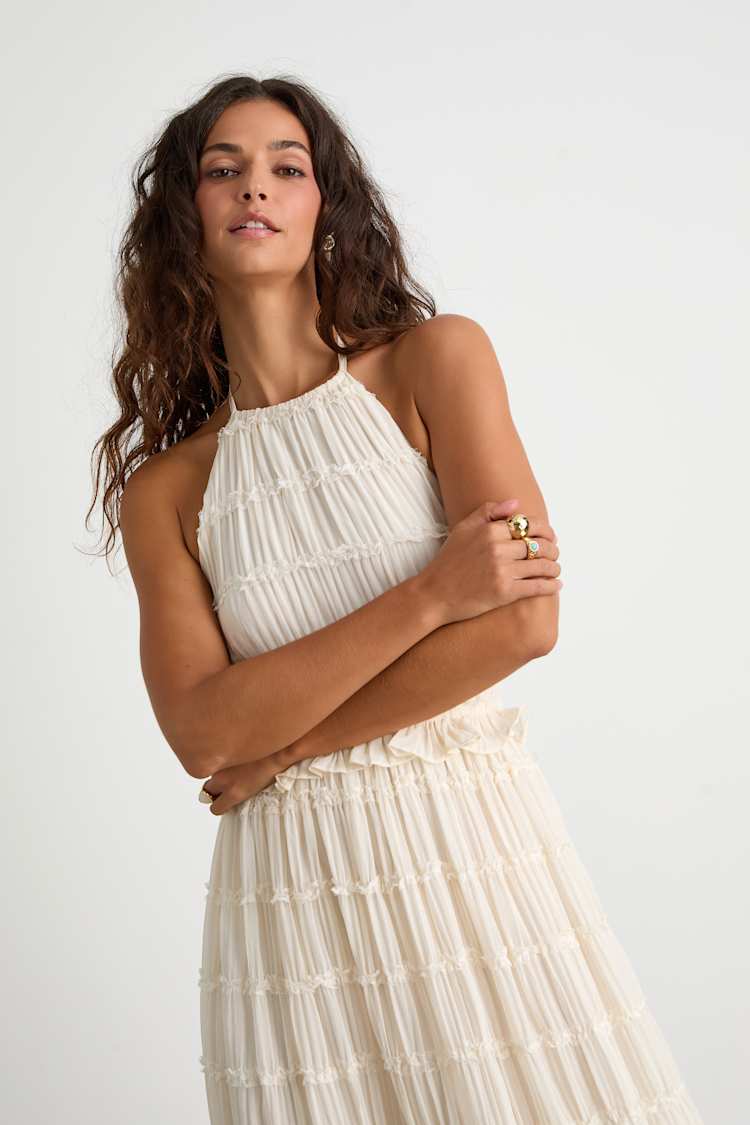 Madriana Ivory Halter Neck Ruffed Midi Dress