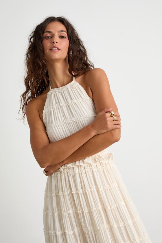 Madriana Ivory Halter Neck Ruffed Midi Dress 3
