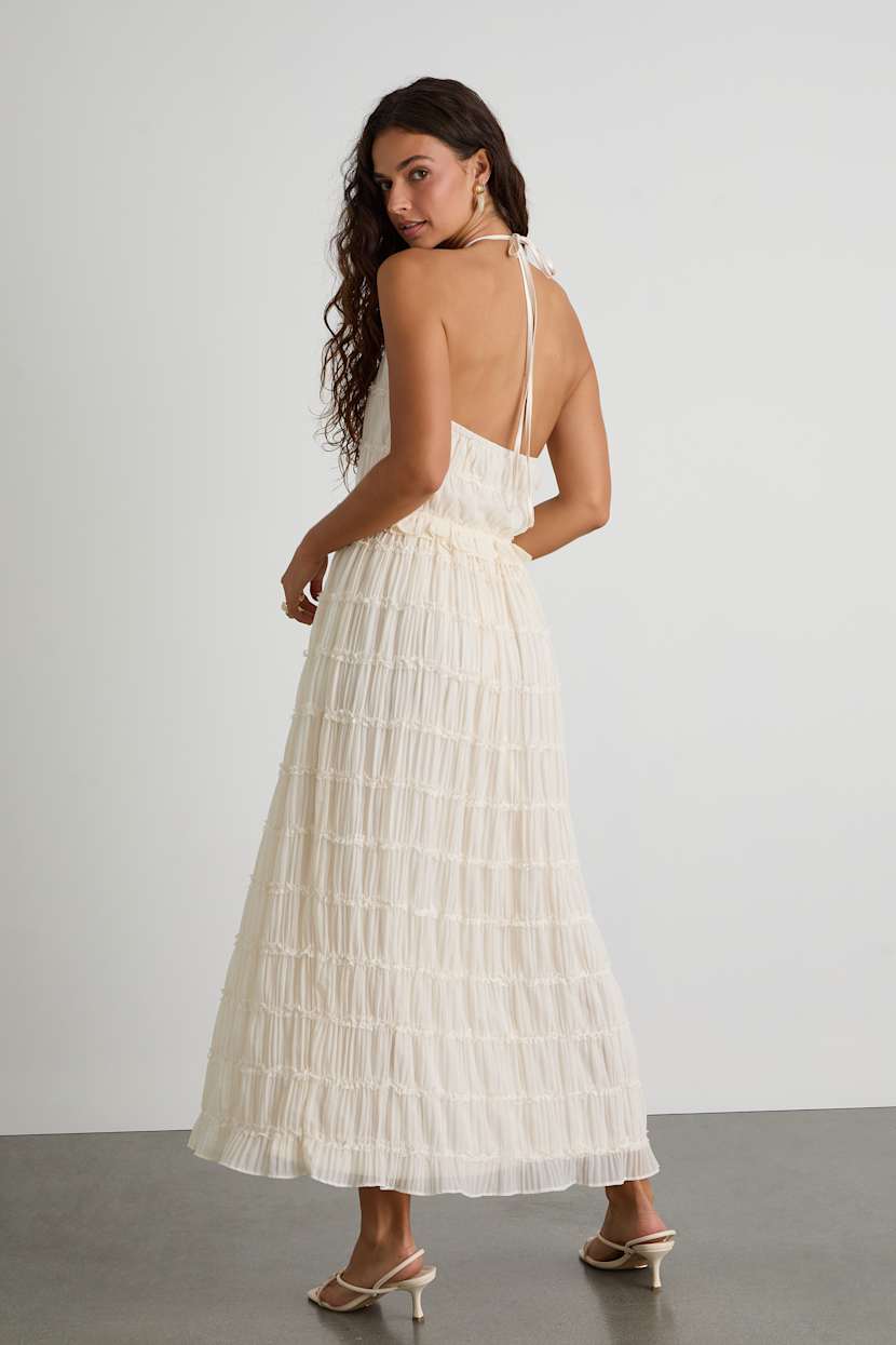 Madriana Ivory Halter Neck Ruffed Midi Dress