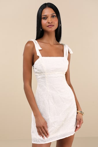 Mizuki Cream Embroidered Tie-Strap Mini Dress 2