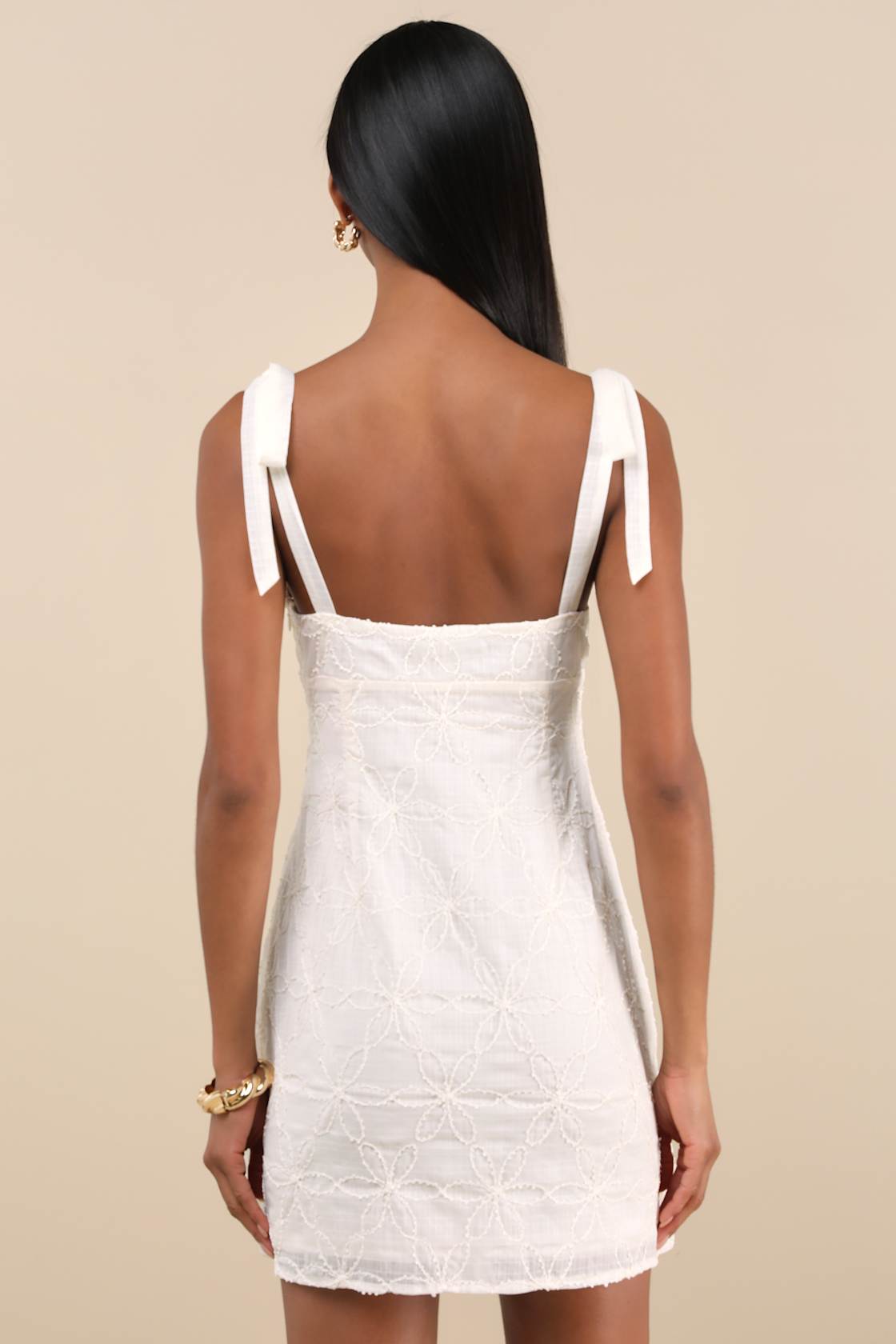 Mizuki Cream Embroidered Tie-Strap Mini Dress