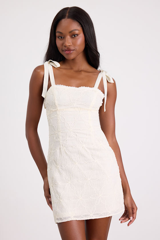 トップス Mimi girls set mini dress Cream Dress - Tie-Strap Mini Dress - Floral Embroidered Dress - Lulus