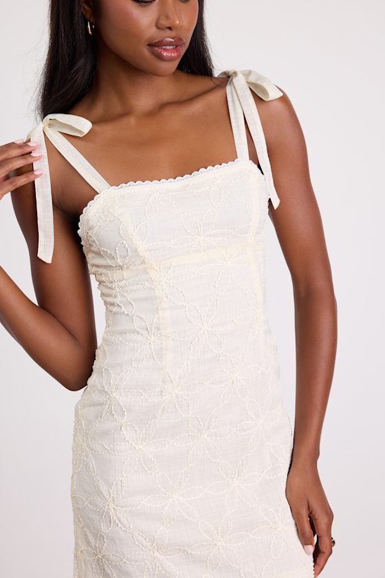 Cream Dress - Tie-Strap Mini Dress - Floral Embroidered Dress - Lulus