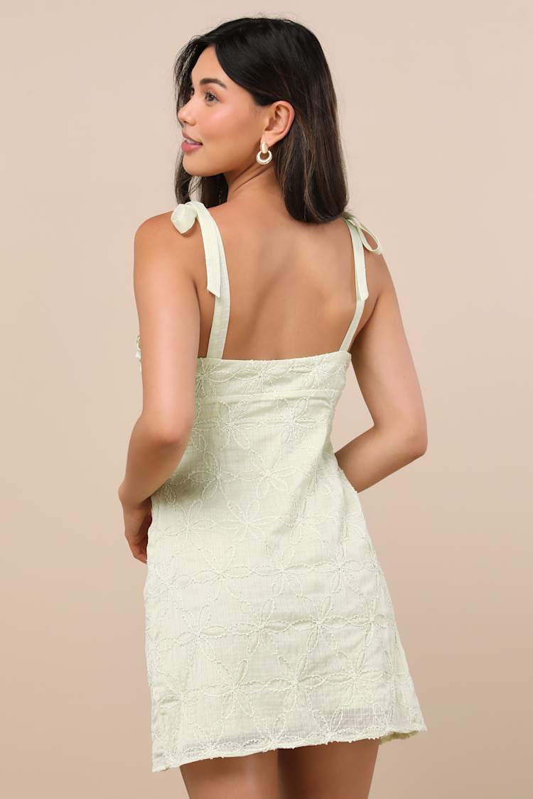 Mizuki Light Sage Embroidered Tie-Strap Mini Dress
