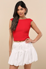 Kirsty White Tiered Drawstring Bubble-Hem Mini Skirt 2
