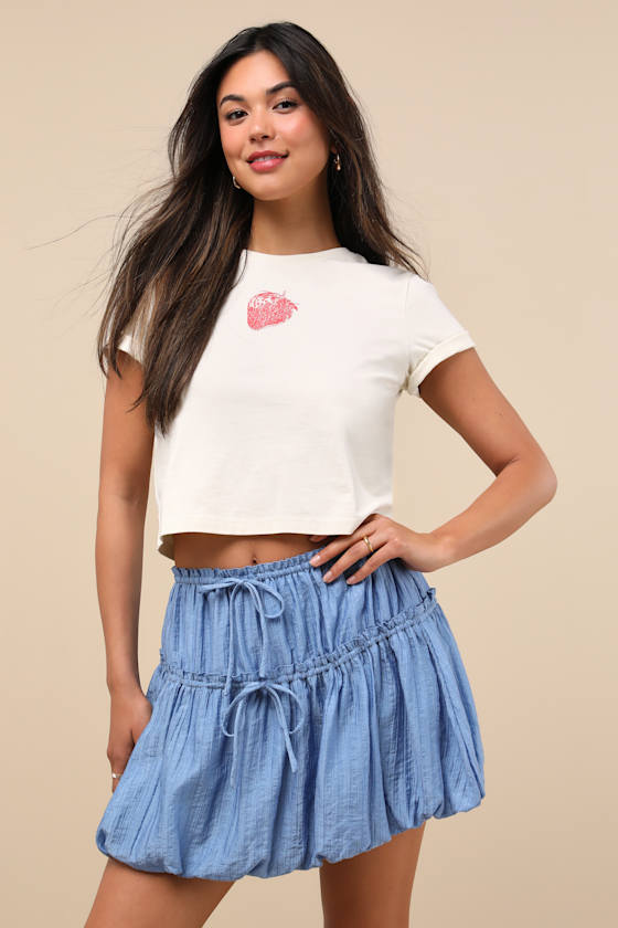 Kirsty Blue Striped Tiered Drawstring Bubble-Hem Mini Skirt 2