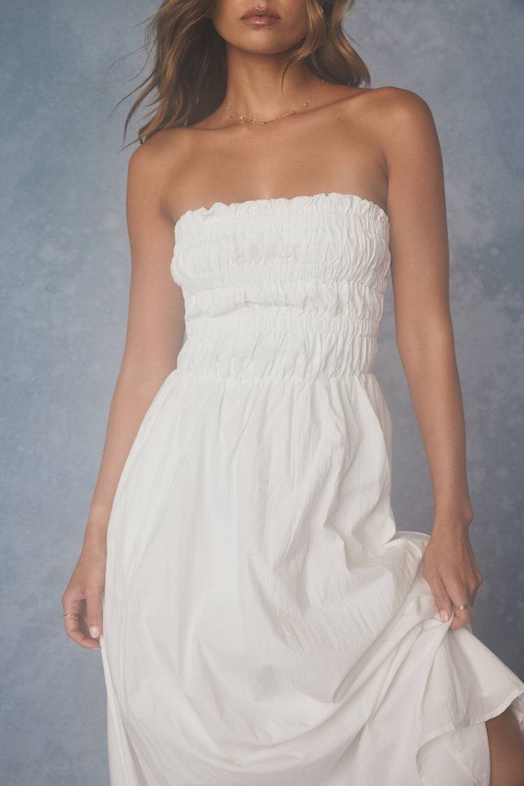 White Smocked Dress - Dress With Pockets - Strapless Midi Dress - Lulus