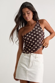 Saskia Chocolate Brown Polka Dot Mesh One-Shoulder Top 1