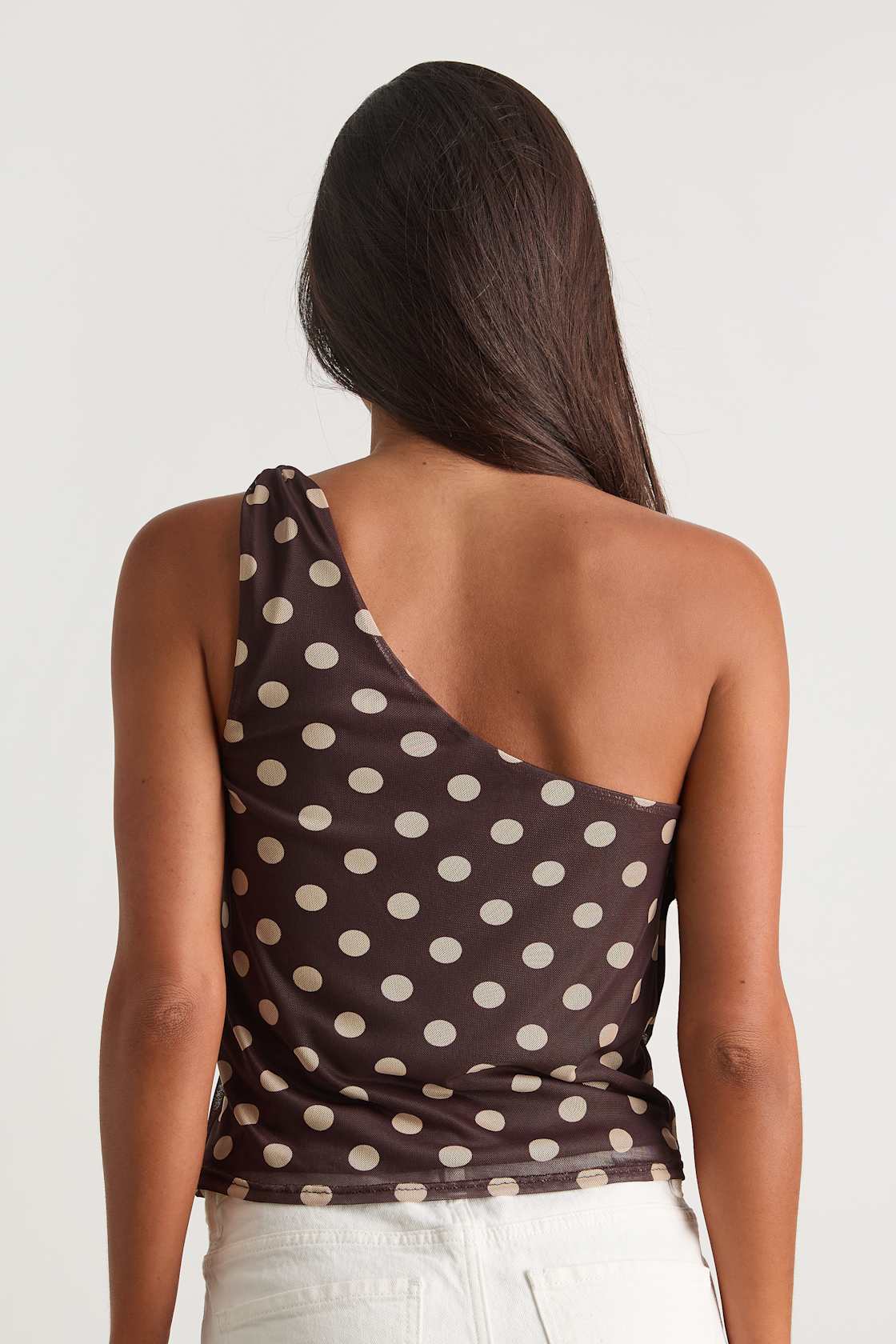 Saskia Chocolate Brown Polka Dot Mesh One-Shoulder Top