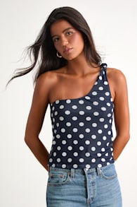 Saskia Navy Polka Dot Mesh One-Shoulder Top 1